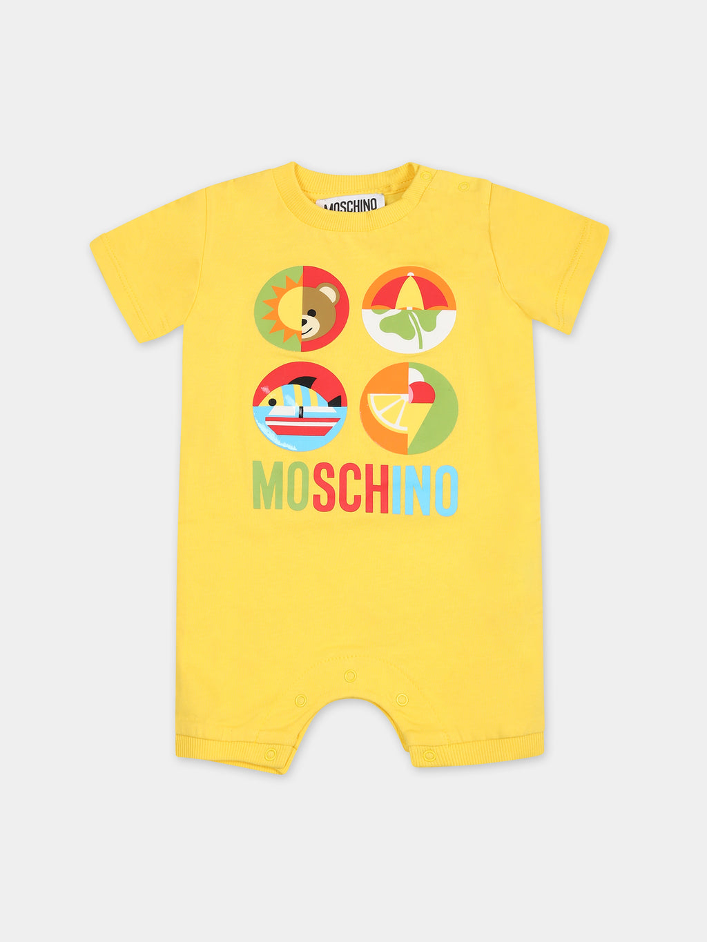 Yellow romper for baby boy with logo and print